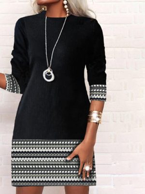 Black and White Aztec Print Trim Long Sleeve Mini Dress