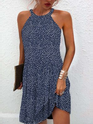 Halter Sleeveless White Polka Dot Blue Mini Dress