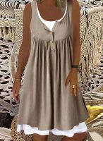 Khaki Sleeveless Button Front Smocked Twofer Mini Dress