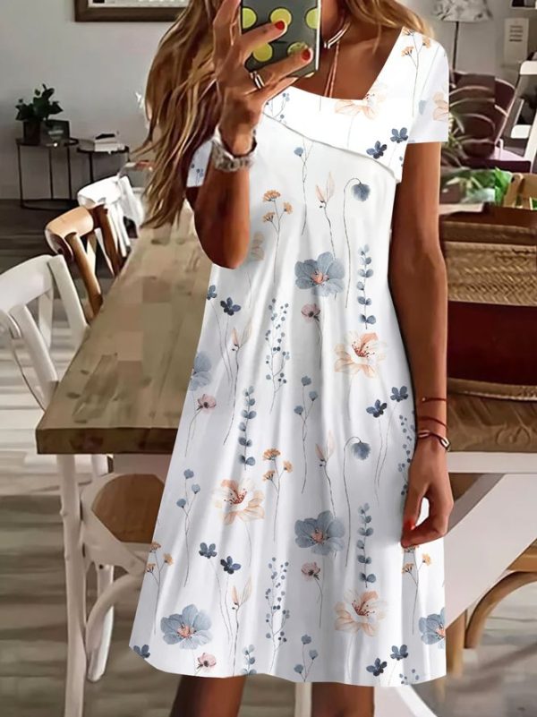 Fresh White Colorful Flower Print V-Neck Mini Dress