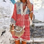 Bohemian Tassel Drawstring Autumn Red Mini Dress