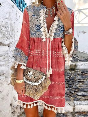 Bohemian Tassel Drawstring Autumn Red Mini Dress