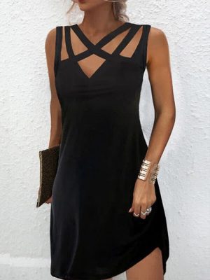 Groovy Sleeveless Plain Black Mini Dress