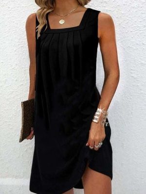 Cool Plain Black Square Neck Mini Dress