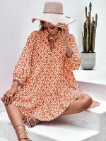 Unique 3/4 Sleeve Print Orange Mini Dress