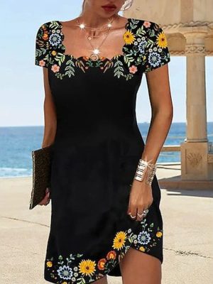 Colorful Floral Print Black Mini Dress