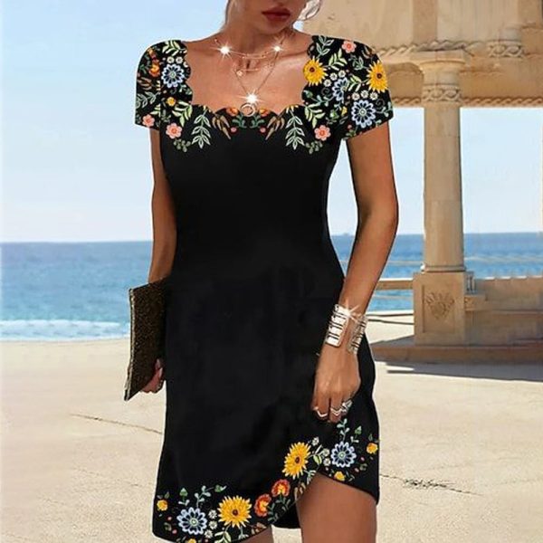 Colorful Floral Print Black Mini Dress