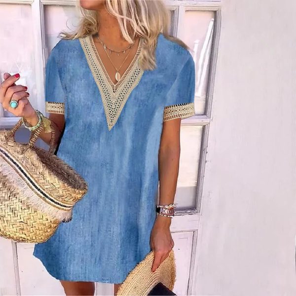 Stylish Print Blue Short Sleeve Mini Dress