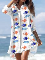 Aquatic Fish 3/4 Sleeve Button Front Mini Dress