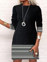 Black and White Aztec Print Trim Long Sleeve Mini Dress