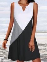 Sleeveless Keyhole Gray Black and White Color Block Mini Dress