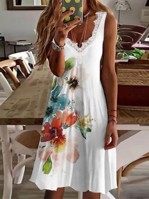 Summer Lace V-Neck Floral Mini Dress