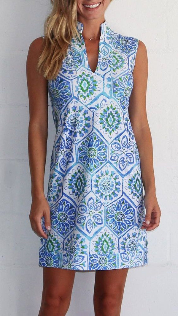 Blue Geometric Print Sleeveless Fold-Over Collar Mini Dress