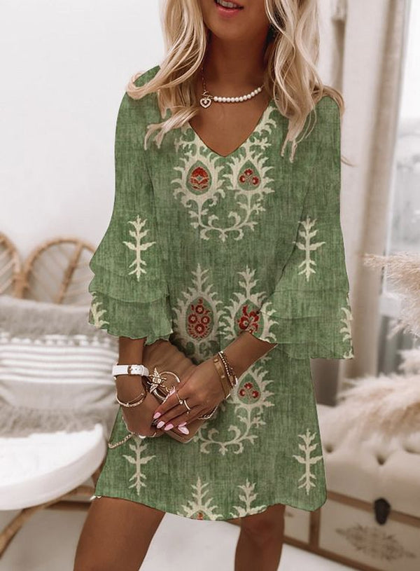 Green 3/4 Sleeve Print Mini Dress