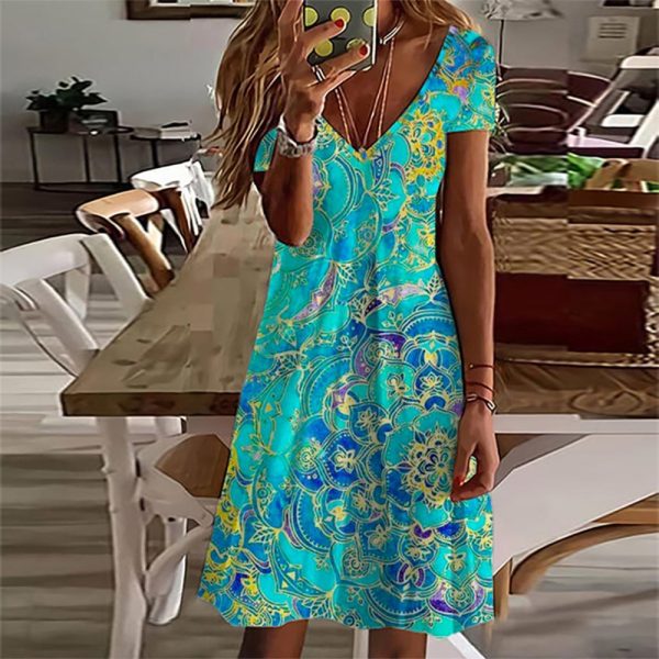 Ocean Blue Mandala Print Short Sleeve Knee-Length Mini Dress