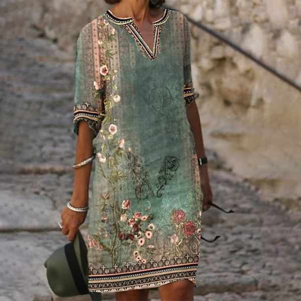 Fancy Trim Watercolor Floral Tunic Shift Dress