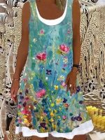 Modern U-collar Plant Print Mini Dress