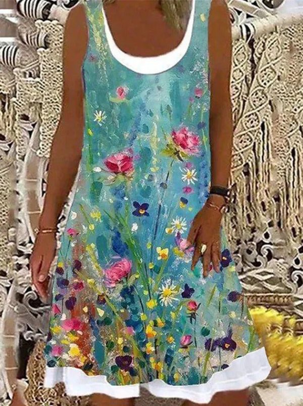 Modern U-collar Plant Print Mini Dress