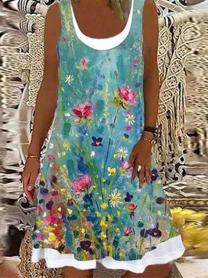 Modern U-collar Plant Print Mini Dress