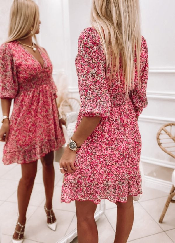 Tiny Floral Shirred Short Ruffle Mini Dress