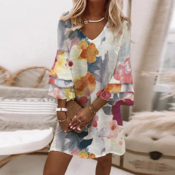 Watercolor Floral Print Ruffled Sleeve V-Neck Mini Dress