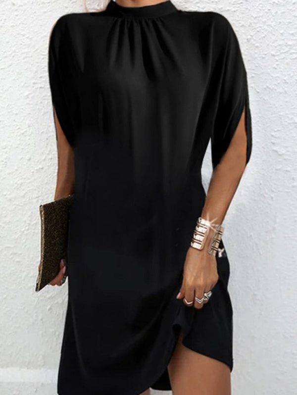 Modern Black Mock Neck Split Sleeve Midi Dress