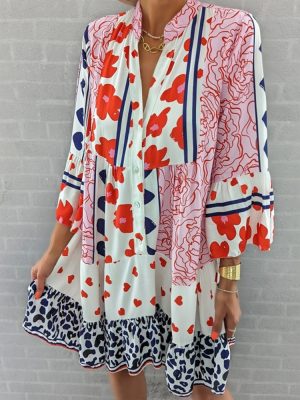 Mixed Print Red and White Prairie Button Front Dress