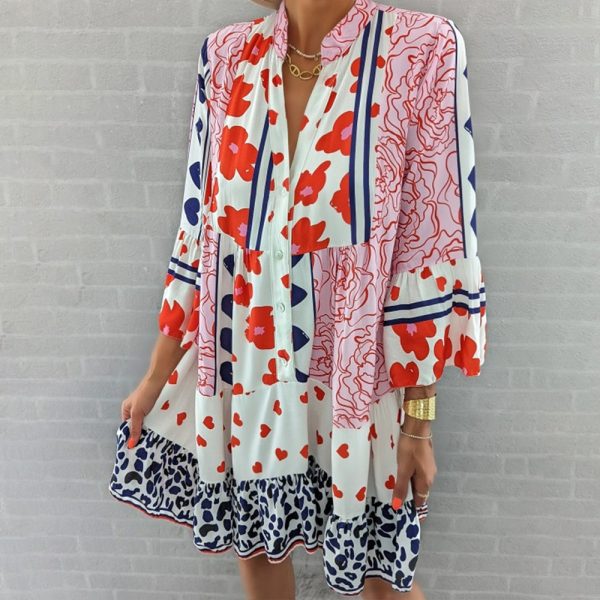 Mixed Print Red and White Prairie Button Front Dress