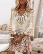 Boho Prairie Pink and Tan Long Sleeve Mini Dress