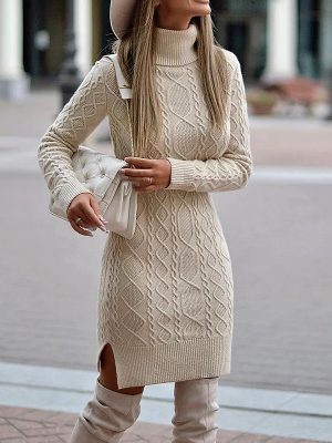 Apricot Plain Long Sleeve Mini Sweater Dress