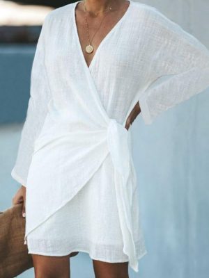 White Long Sleeved Tie Side Wrap Summer Mini Dress