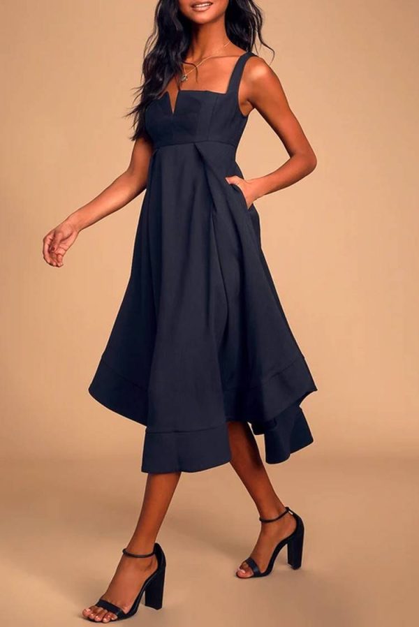 Chic Empire Waist Strap Deep Navy Midi Dress