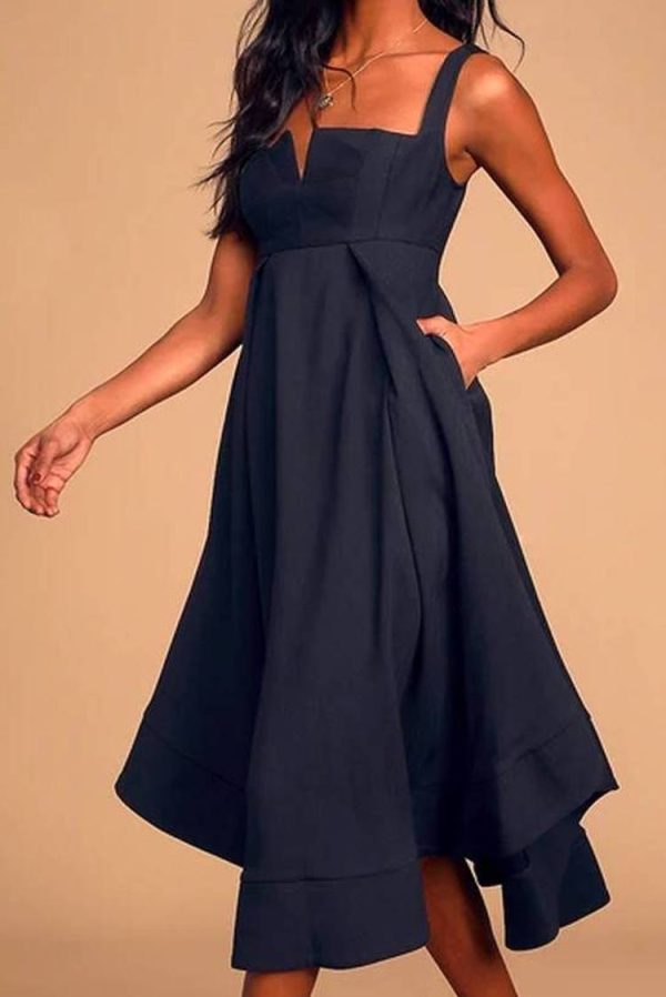 Chic Empire Waist Strap Deep Navy Midi Dress