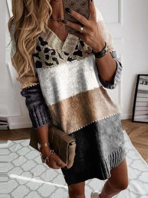 Cheetah Print Striped Mini Sweater Dress