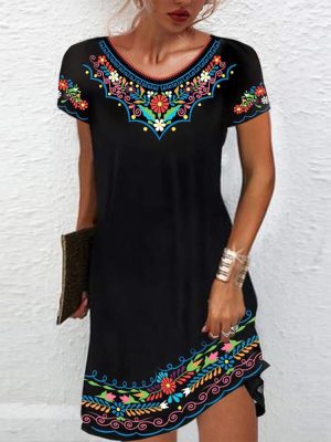Colorful Floral Trim Black Mini Dress