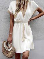 Grecian Goddess Beige Tan Tassel Mini Dress