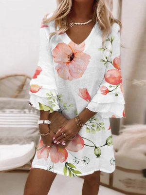 Romantic Floral Print 3/4 Sleeve Mini Dress